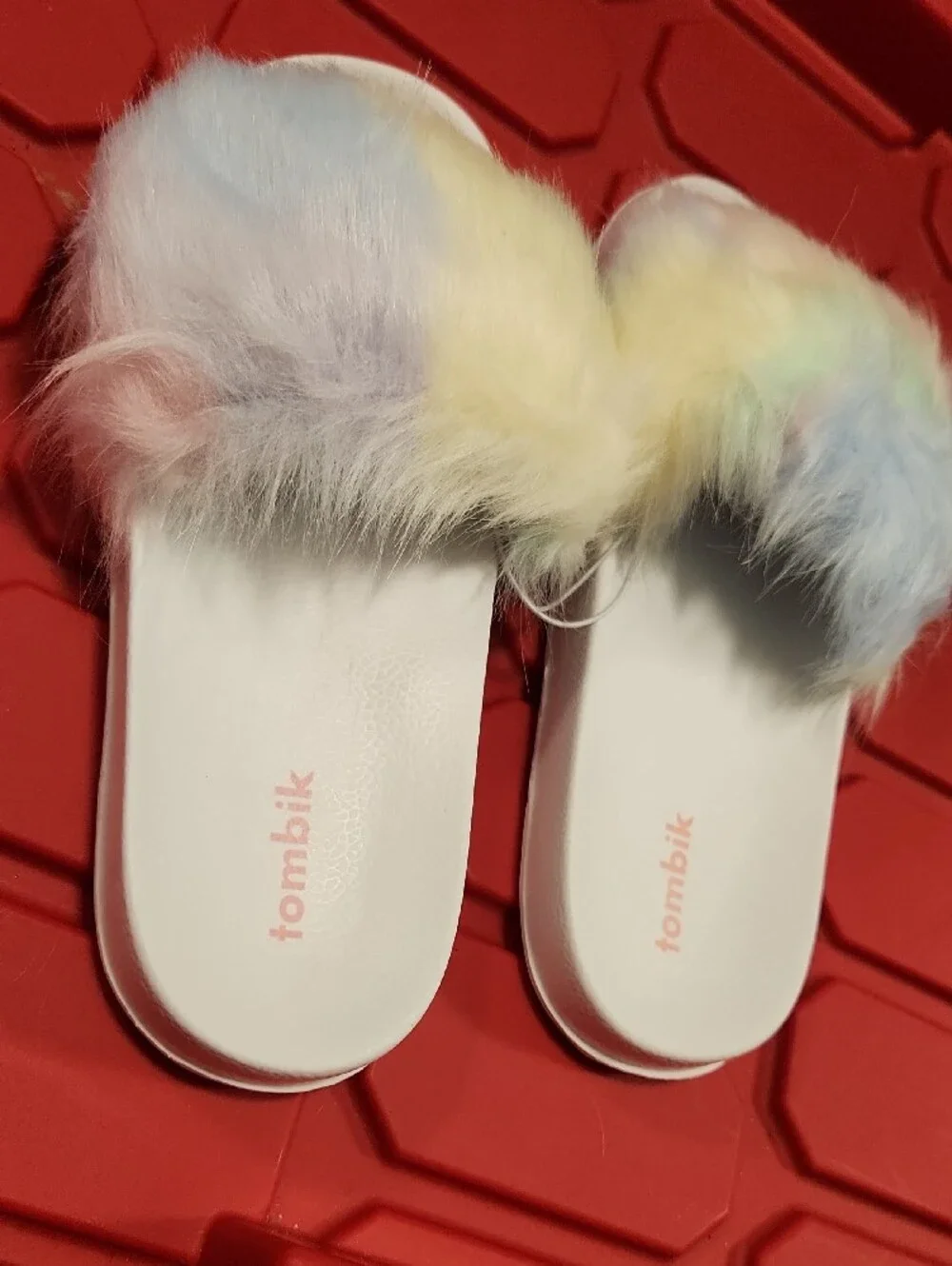 Pastel Rainbow Faux Fur Slide Sandals - White
